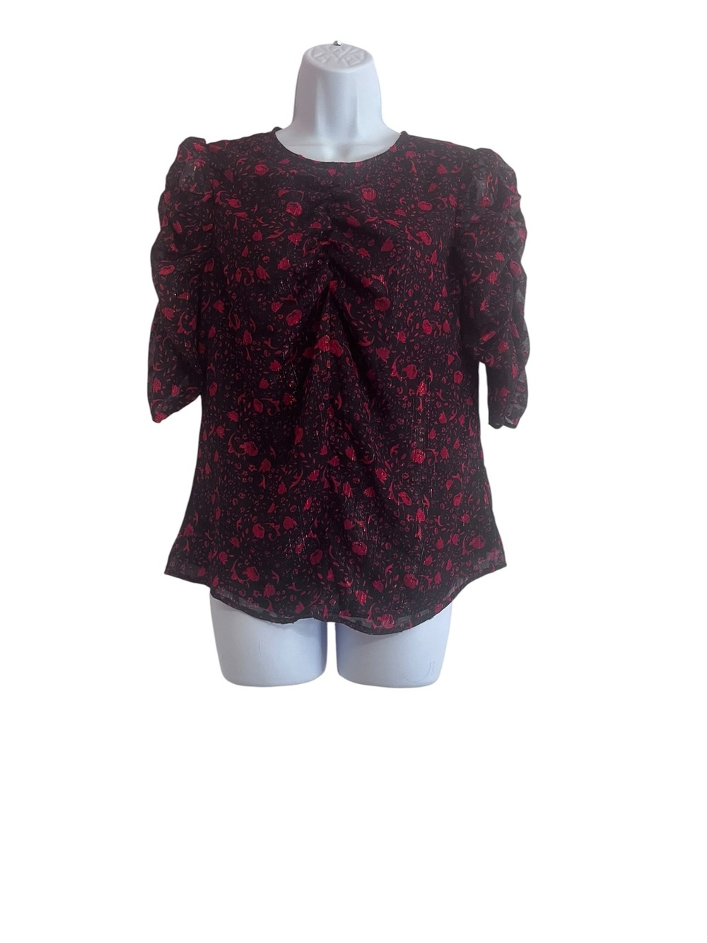 Express Black & Red Floral Metallic Puff Sleeve Tie Front Blouse – Size M - NWT